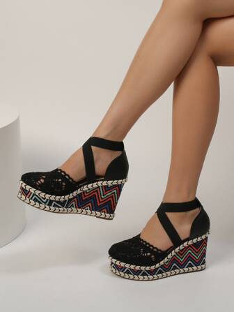 Chevron Pattern Ankle Strap Wedge Shoes