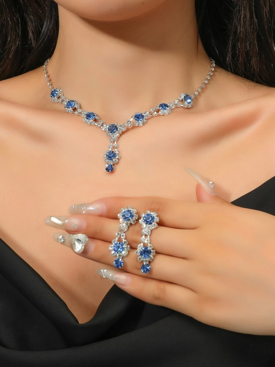 Rhinestone Decor Necklace & Drop Earrings - Blue - View 1