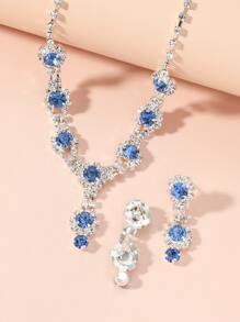 Rhinestone Decor Necklace & Drop Earrings - Blue - View 2