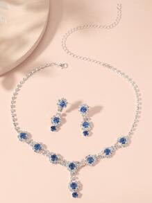 Rhinestone Decor Necklace & Drop Earrings - Blue - View 3