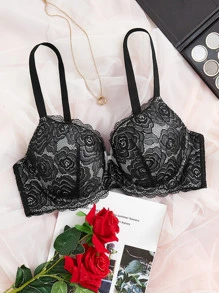 Plus Floral Lace Bow Front Push Up Bra - Black - View 1