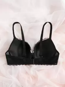 Plus Floral Lace Bow Front Push Up Bra - Black - View 2