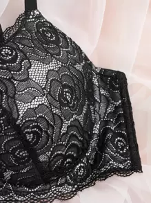 Plus Floral Lace Bow Front Push Up Bra - Black - View 5