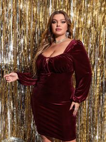 SHEIN SXY Vestido ajustado con nudo delantero pecho con fruncido de terciopelo - Burdeos - Ver 5