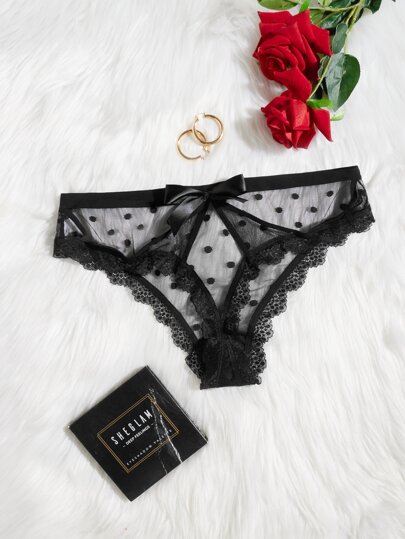 Plus Dobby Mesh Lace Trim Bow Back Panty