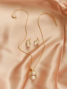 3入組時尚簡約珍珠水滴項鏈和耳環套裝，適合女性日常佩戴 - 金黃色 - 查看 2