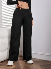 SHEIN Flap Pocket Cargo Trousers - Black - View 3