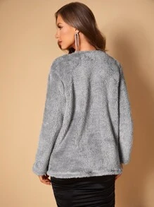 SHEIN Privé Zip Up Contrast Sequin Teddy Coat - Grey - View 2