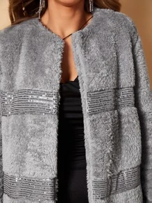 SHEIN Privé Zip Up Contrast Sequin Teddy Coat - Grey - View 6