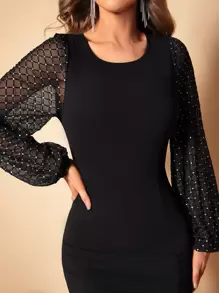 SHEIN Privé Đầm Tương phản Mesh Dây kéo màu trơn Thanh lịch - màu đen - Xem 5