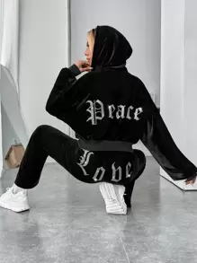 SHEIN EZwear Rhinestone Letter Pattern Drop Shoulder Velvet Zipper Up Hoodie & Trousers - Black - View 1