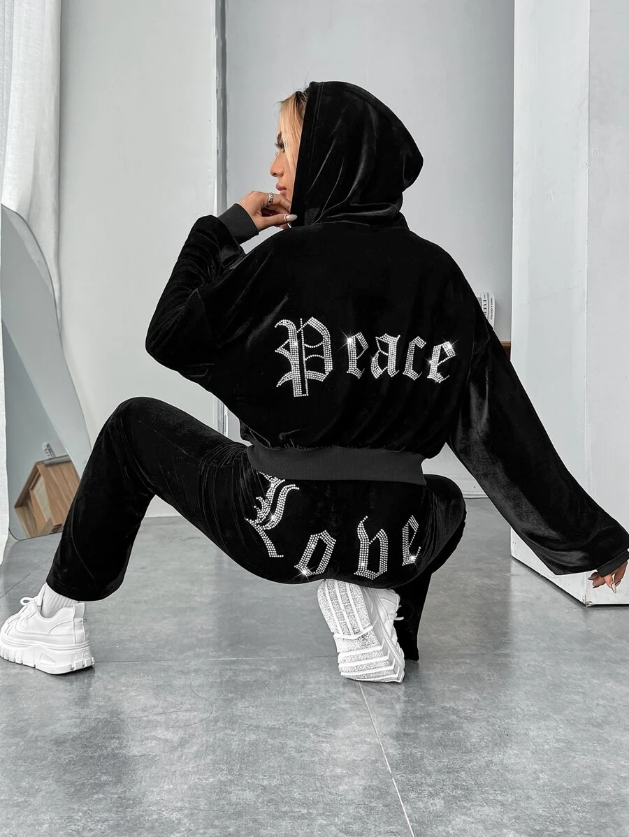 SHEIN EZwear Rhinestone Letter Pattern Drop Shoulder Velvet Zipper Up Hoodie & Trousers - Black - View 1
