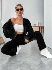 SHEIN EZwear Rhinestone Letter Pattern Drop Shoulder Velvet Zipper Up Hoodie & Trousers - Black - View 2