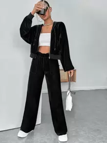 SHEIN EZwear Rhinestone Letter Pattern Drop Shoulder Velvet Zipper Up Hoodie & Trousers - Black - View 4