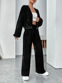 SHEIN EZwear Rhinestone Letter Pattern Drop Shoulder Velvet Zipper Up Hoodie & Trousers - Black - View 5