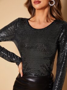SHEIN BAE Camiseta delgada con lentejuelas - Negro - Ver 3