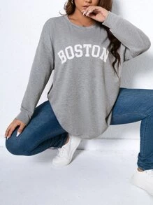 SHEIN LUNE 大碼字母圖案落肩袖運動衫 - 灰色 - 查看 4