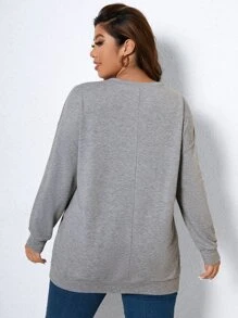 SHEIN LUNE 大碼字母圖案落肩袖運動衫 - 灰色 - 查看 2