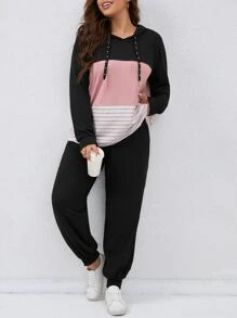 SHEIN LUNE Plus Colourblock Drop Shoulder Drawstring Hoodie & Joggers - Multicolor - View 1