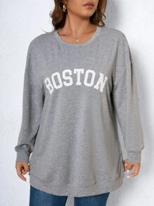 SHEIN LUNE 大碼字母圖案落肩袖運動衫 - 灰色 - 查看 3