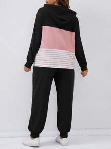 SHEIN LUNE Plus Colourblock Drop Shoulder Drawstring Hoodie & Joggers - Multicolor - View 2
