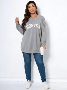 SHEIN LUNE 大碼字母圖案落肩袖運動衫 - 灰色 - 查看 1