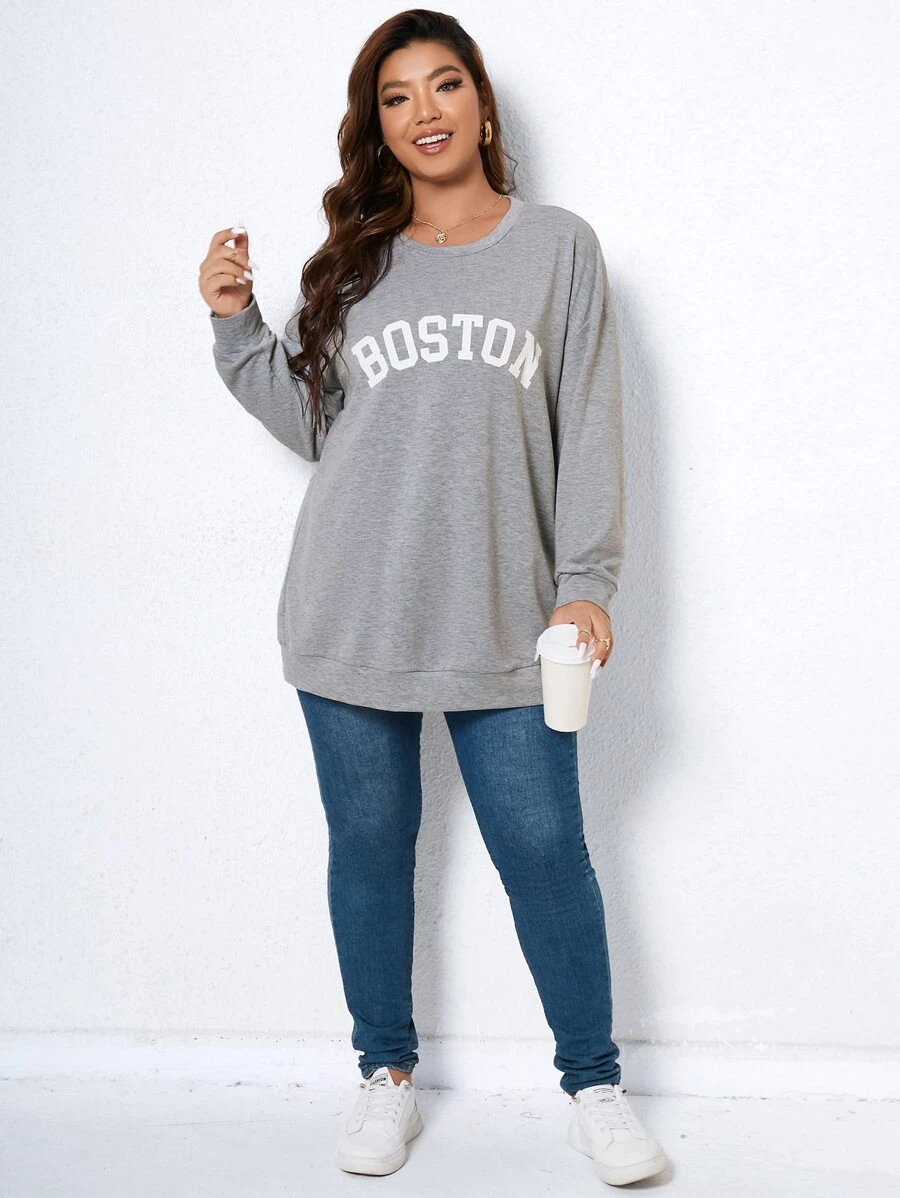 SHEIN LUNE 大碼字母圖案落肩袖運動衫 - 灰色 - 查看 1