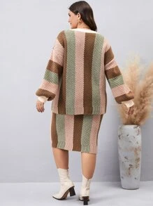 Calvaya Plus Block Stripe Pattern Drop Shoulder Jumper & Knit Skirt - Multicolor - View 2