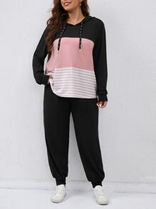 SHEIN LUNE Plus Colourblock Drop Shoulder Drawstring Hoodie & Joggers - Multicolor - View 4