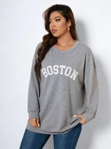 SHEIN LUNE 大碼字母圖案落肩袖運動衫 - 灰色 - 查看 5