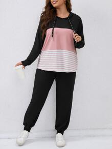 SHEIN LUNE Plus Colourblock Drop Shoulder Drawstring Hoodie & Joggers - Multicolor - View 5