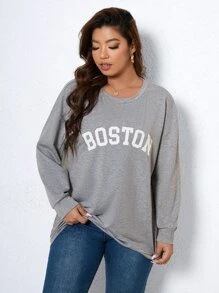 SHEIN LUNE 大碼字母圖案落肩袖運動衫 - 灰色 - 查看 6