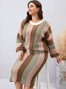 Calvaya Plus Block Stripe Pattern Drop Shoulder Jumper & Knit Skirt - Multicolor - View 5