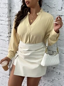 SHEIN Unity Plus Notched Neckline Frill Trim Blouse - Apricot - View 2