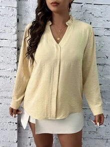 SHEIN Unity Plus Notched Neckline Frill Trim Blouse - Apricot - View 5