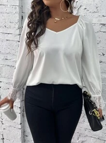 SHEIN Clasi 大碼雞心領口蕾絲拼接荷葉袖襯衫 - 白色 - 查看 5