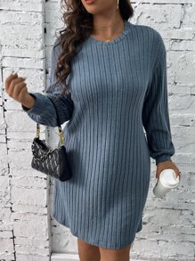 SHEIN LUNE Plus Solid Ribbed Knit Dress - Dusty Blue - View 4