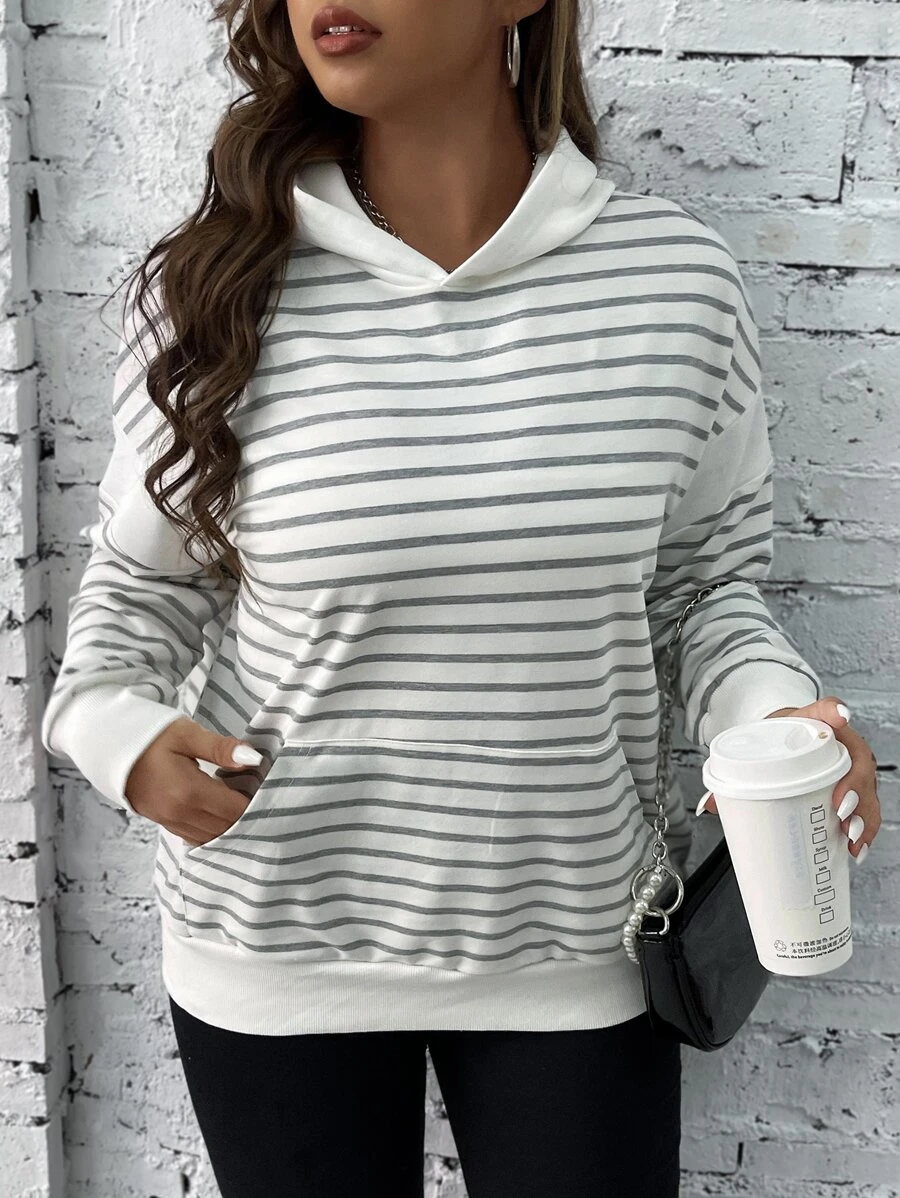 Calvaya Plus Striped Drop Shoulder Hoodie - White - View 1