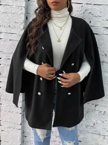 大碼雙排釦斗篷袖花呢外套 - 黑色 - 查看 1