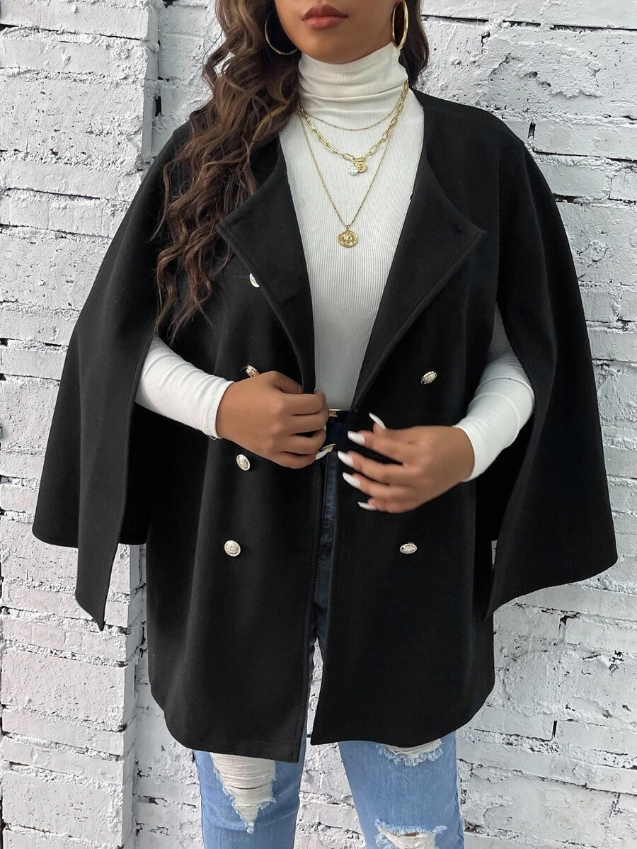 大碼雙排釦斗篷袖花呢外套 - 黑色 - 查看 1