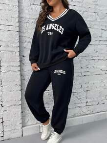 Flirla Plus Letter Graphic Drop Shoulder Sweatshirt & Joggers - Black - View 1