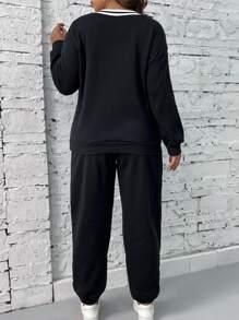 Flirla Plus Letter Graphic Drop Shoulder Sweatshirt & Joggers - Black - View 2