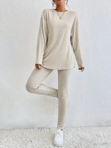 SHEIN Essnce Bộ đồ hai mảnh nữ Gân đan màu trơn Giải trí - Màu be - Xem 3