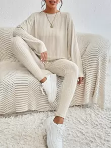 SHEIN Essnce Bộ đồ hai mảnh nữ Gân đan màu trơn Giải trí - Màu be - Xem 4