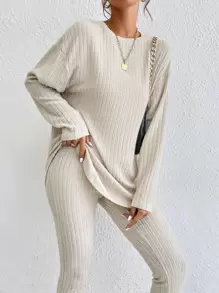 SHEIN Essnce Bộ đồ hai mảnh nữ Gân đan màu trơn Giải trí - Màu be - Xem 5