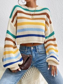 SHEIN Unity Stripe Pattern Lantern Sleeve Sweater - Apricot - View 1