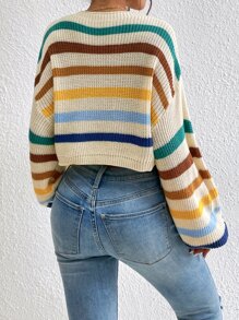 SHEIN Unity Stripe Pattern Lantern Sleeve Sweater - Apricot - View 2