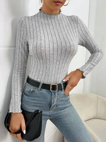 SHEIN Essnce Mock Neck Lettuce Trim Bodysuit - Grey - View 7