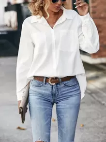 SHEIN Frenchy Patched Pocket Drop Shoulder Shirt,Long Sleeve Tops Winter White - White - View 1