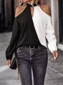 SHEIN Unity Two Tone Cold Shoulder Blouse - Black and White - View 1